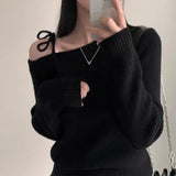 Znbbw Skew Collar Sweater Off Shoulder Ropa Mujer Lace Up Bow Pullover Feminino Sexy Womens Clothing Korean Knitwears