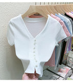 Znbbw T Shirts Women V-Neck Pearl Buttons Cropped Tshirt Tee Lady Solid Slim Cardigan Crop Top for Female
