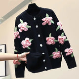 Znbbw Sweater Female 2024 Cardigan Women Sweater Loose Outer Coat Long Sleeve 3D Flower Round Neck Knitted Cardigan Female