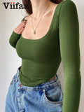 Znbbw Square Neck Solid Color Long Sleeve Crop Top 2023 New Autumn Clothes for Women Curved Hem Slim T-Shirts