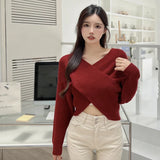 Znbbw Women's long sleeves Knitted Crossover design V-neck Women's sweater