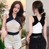 Znbbw Korean V-neck Fashion Tank Top Versatile Knitted Sleeveless Tank Top Slim Fit T-shirt Top