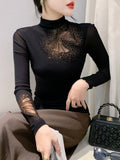 Znbbw New Half Turtleneck Long Sleeve Diamond Mesh T-shirt Women's Slim Fit Base Black TShirts BH9739