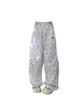 Znbbw Women's White Graphic Print Pants Y2k 2000s High Waist Baggy Trousers Harajuku Wide Leg Parachute Pants Jogger Aesthetic Clothes