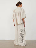 Znbbw Print Cotton Linen Women Pants Set Oversize Lantern Sleeve Lapel Top Lace Up Wide-leg Trousers 2024 Spring Lady Suits