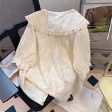 Znbbw Vintage Shirts Small Fragrance Peter Pan Collar Puff Sleeve Blouses Ruffles Lace Up Flower Embroidery Sweet Women Tops
