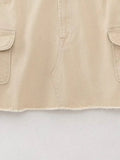 Znbbw TRAF 2023 Women Safari Style Pocket Patch Denim Mini Skirt Faldas Mujer Office Lady Chic Zipper Fly Slim Vestidos