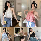 Znbbw Women's Top Women's Vest Ruffle Backless Flowers Versatile Sexy Camisole
