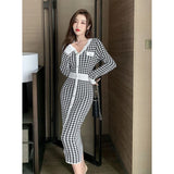 Znbbw Plaid Knitted Midi Dress Women Bird Lattice Sweater A Line Dresses Korean Elegant V Neck Patchwork Bodycon Vestidos New