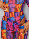 Znbbw Women Printed Bodysuit Two Piece Outfits 2023 Spring Fashion Trousers Suits Female Full Sleeve T Shirt Long Pants Matching Sets