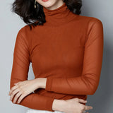 Znbbw Solid Mesh T-Shirts Tees Female Full Sleeve Turtleneck Slim Tshirt Base Simple Tops For Women Spring Fall
