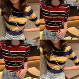 Znbbw Women's Striped Printed Sweater T-shirt Slim Fitting Short Sleeved Round Neck Knitted Sweater