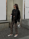 Znbbw Leopard Print Women Pants Retro High Waist Zipper Pockets Straight Trousers 2024 Spring Y2k Lady Casual Loose Denim Pant