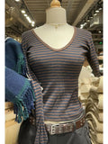 Znbbw Brown Striped V Neck T-shirts Women American Fashion Streetwear Cotton Long Sleeve Tees Casual Summer Classic Slim Tops