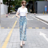 Znbbw Waist Pantalones De Mujer Lace Patchwork Hollow Out Fashion Elegant Jeans for Women All Match Casual Loose Summer Pants