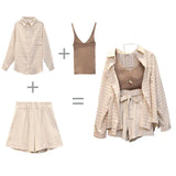 Znbbw Piece Set For Women 2023 Women's Casual Long Sleeve Single-breasted Shirt Short Pants Sets Vest Fashion Outfits Suit