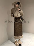 Znbbw Warm Elegant Two Piece Set Women Sweet Korea Casual Skirt Suits Female Cute Hooded Coat + Leather Y2k Skirt Winter 2024