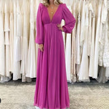 znbbw Women Sexy New Loose Dress Lady Elegant Deep-V Solid Color Draped Maxi Dress Fashion Long Sleeve Temperament Banquet Party Dress 0410