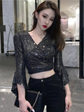 Znbbw Women Spring Summer Sexy V-neck Cross Cutout Strap Sequins Slim Fit Flared Sleeve Short T-shirt D0311