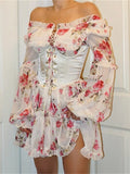 Znbbw Vintage Off-Shoulder Long Sleeves A-Line Short Dress Women Fairy Elegant Square Neck Bandage Corset Mini Dress for Party