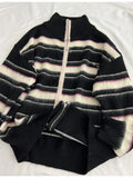 Znbbw Women Black Gothic Striped Cardigan Knit Two-tone Sweater 90s Harajuku Korean Vintage Long Sleeve Jumper Sweaters 2000s Clothes