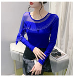 Znbbw Autumn Ringstones Ruffles Long Sleeve Mesh T-shirt Tee New Female Round Collar Sheath Tops T-shirts for women