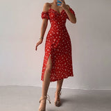Znbbw New Summer Elegant Casual Floral Print Off Shoulder Split Dress Women Short Sleeve Slim Midi Dress for Club Party Holiday