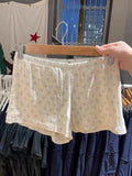 Znbbw Little Bear Print Eyelet Shorts Women Summer Cotton Elastic Waist Straight Short Pant Vintage Sweet Casual Home Sweatpants