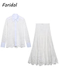 Znbbw Women Summer White Lace Dress Set Hollow Out Embroidery Shirt Skirt 2 Pcs Robe Outfits Single Breasting Cotton Maxi Dress