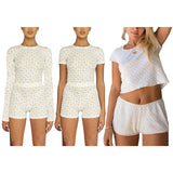 Znbbw Women Spring Summer Two Pieces Knitted Shorts Set Long Sleeve Floral T-shirts Crop Tops High Waist Shorts Outfits Streetwear