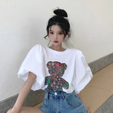 Znbbw Funny Cartoon Bear Print Tops O Neck Puff Short Sleeve T Shirt Women Sweet Fashion T Shirts Summer 2024 New Ropa Mujer