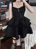 Znbbw Dark Black Suspender Corsets Mini Dress Gothic Grunge Women's Sleeveless Lace Trim Square Neck Layered Tutu Dresses
