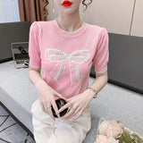 Znbbw Style Beading Bowknot T Shirts Women's O Neck Short Sleeve Knitted Sweet Tee Tshirt Summer Slim Thin Top