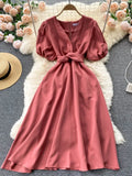 Znbbw Summer Was Thin Fashion Vestidos Female V-neck Twisted Bandage Waist French Puff Sleeve Midi Dress DK1048