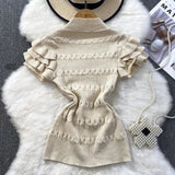 Znbbw Ruffles Short Sleeve Buttons Sweater Jumpers Girls Stretchy Chic Sweaters Pullovers Tops Women Knitted Tee Shirts