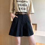 Znbbw Pure Cotton Shorts Women Korean Belt Black Wide Leg Suit Shorts S-3Xl Ladies Fashion Elegant White Baggy Short Pants New