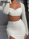 Znbbw Beaded Dress Set Women Long Sleeve Crop T-Shirt and Mini Skirt Two Piece Set Sexy Club Outfits Birthday Clothes