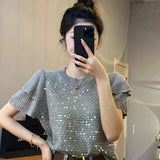 Znbbw style sequin round neck flower bud short sleeved knitted sweater for women's spring new gentle style loose top