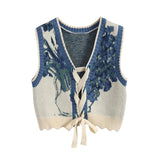 Znbbw Sweater Vests Women Harajuku Print Sleeveless Knitted Waistcoat Streetwear Korean Cropped Bandage Knitwear Tank Top New