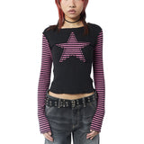 Znbbw Women Star Patched Striped T-Shirt 90s E-Girl Gothic Shirt Y2k O-Neck Vintage Streetwear Club Party Tees