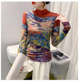 Znbbw Women's Fashion Printing Long Sleeve Half High Neck Mesh T-shirts Female Positioning Flower T Shirt FF0966