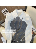 znbbw Summer Preppy Style 2 Piece Set Women Long Sleeve Patchwork Shirt + A-line Pleated Skirt Basics Two Piece Skirt Set