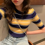 Znbbw Women's Striped Printed Sweater T-shirt Slim Fitting Short Sleeved Round Neck Knitted Sweater