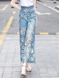 Znbbw Waist Pantalones De Mujer Lace Patchwork Hollow Out Fashion Elegant Jeans for Women All Match Casual Loose Summer Pants