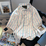Znbbw Sweet Blouses Short Sleeve Striped Print Aesthetics Shirts Tops Summer Preppy Style All Match Y2k 2000s Girl Clothing