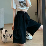 Znbbw Thin Cargo Shorts Women Y2K Loose Fashion Drawstring Pocket Shorts Bf Baggy Korean Streetwear Wide Leg Knee-Length Pants