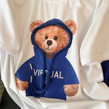 znbbw Women's Cute Cartoon Suits White Bear Print O-Neck Short Sleeve T-Shirt + Blue Elastic Waist Trousers 2 Piece Pants Set Outfits