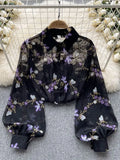 Znbbw Women Spring Shirt Korean Version Temperament High-end Floral Shirt with Bubble Sleeve Design Niche and Unique Top D5053