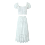 Znbbw Flower Embroidery White Dress Set Women Summer Cotton Skirt Matching Set 2 Pcs Outfits Lace Decor Holiday Beach Dress