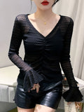 Znbbw V-neck Jacquard Flare Long Sleeve T-shirt Women's See Throught Pleated Cropped Slim Fit T Shirts Tops BH1906